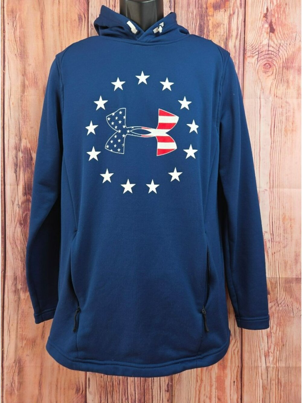 Under Armour Mens Fitted Blue Hoodie Medium  Patriotic Logo Stars & Stripes